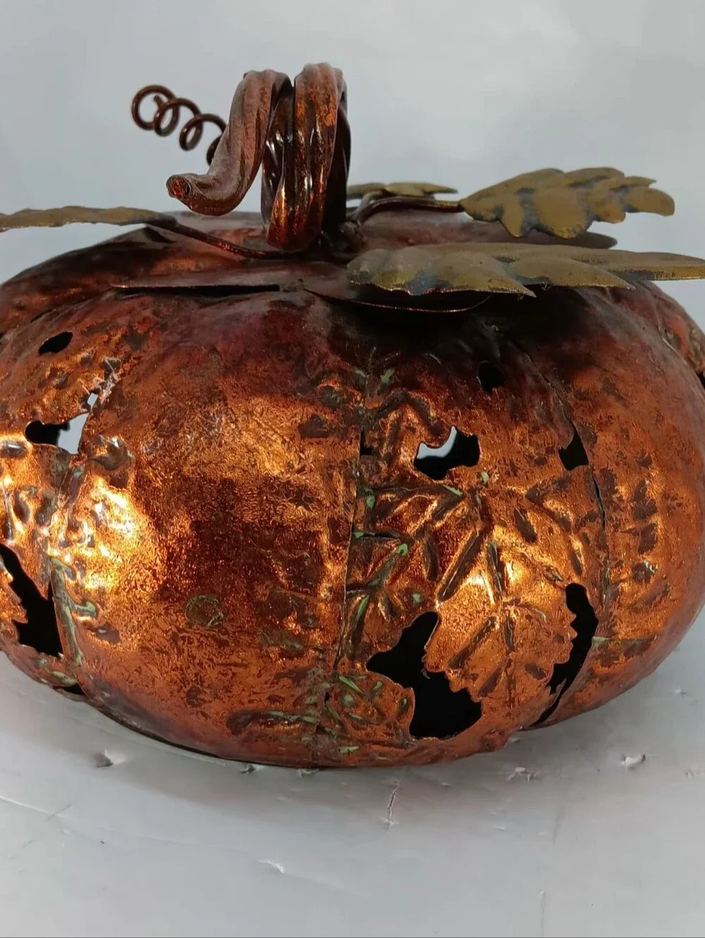 Decorative Metal Pumpkin In Burnt Copper with Gold Leaves